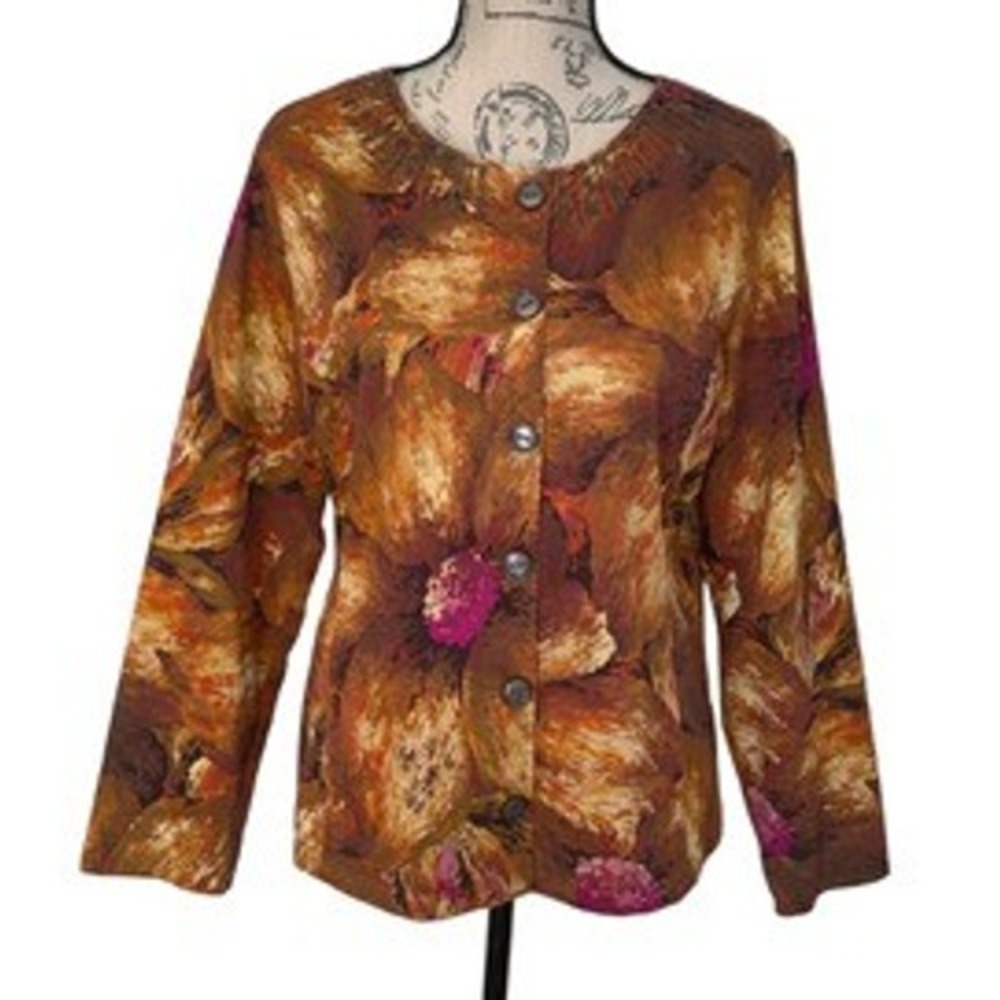 Chicos Abstract Floral Print Studded Multicolor Button Up Jacket Blazer L Office